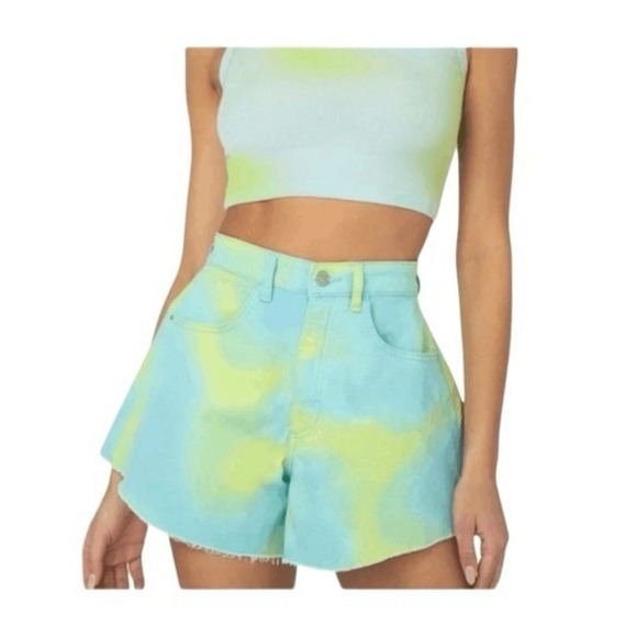 WeWoreWhat Pants - WeWoreWhat Jean Shorts Blue Green Tie Dye Wide Leg Flare Bell Denim 26‎